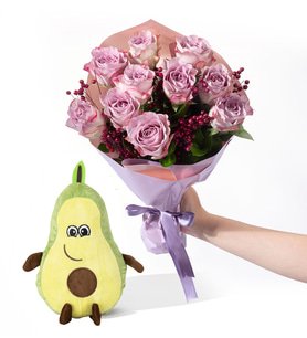 Lila Pembe Bukette 10 Lila Gül ve Avokado Yastık