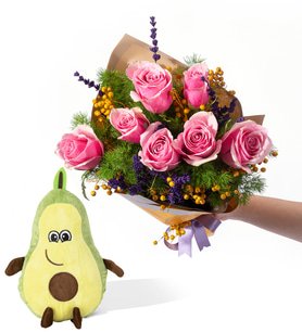 Sarı Bukette 7 Pembe Gül ve Avokado Yastık