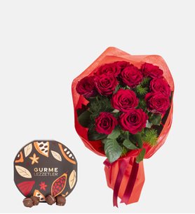 Kırmızı Elyaf Bukette 11 Kırmızı Gül ve Gurme Lezzetler