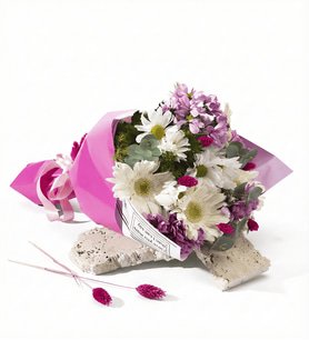 Lila Bukette Beyaz Gerbera ve Pembe Papatyalar